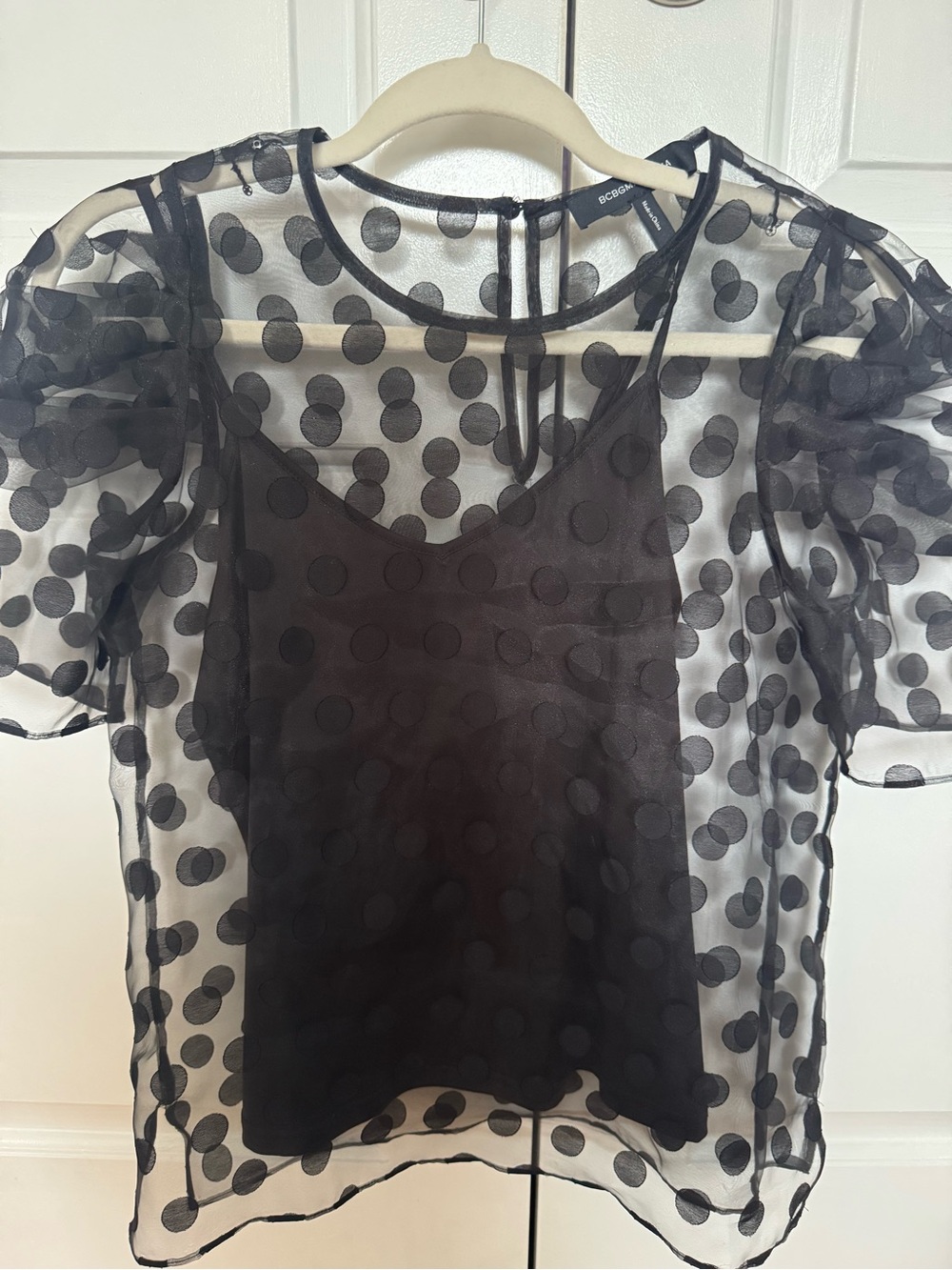 BCBGMAXAZRIA XS Black Sheer Polka Dot Puff Sleeve Blouse